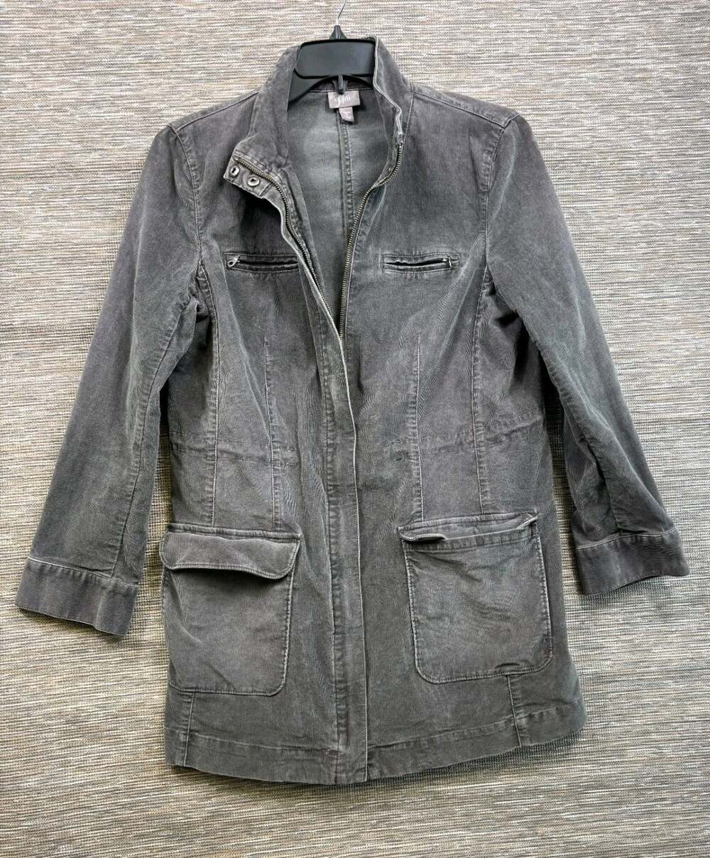 J Jill Stretch Corduroy Utility Jacket Field Coat Size S Gray Long Sleeve Casual